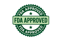 Create a circular green badge logo with a jagged edge (stamp style).

In the center, place bold green text: ‘FDA APPROVED’ on a horizontal banner cutting across the circle.

Around the circular border, repeat the words ‘FDA APPROVED’ in white, curved at the top and bottom.

Add small green stars inside the circle above and below the banner.

Use two shades of green for contrast (darker for text and border, lighter for the banner).

Background plain white.”